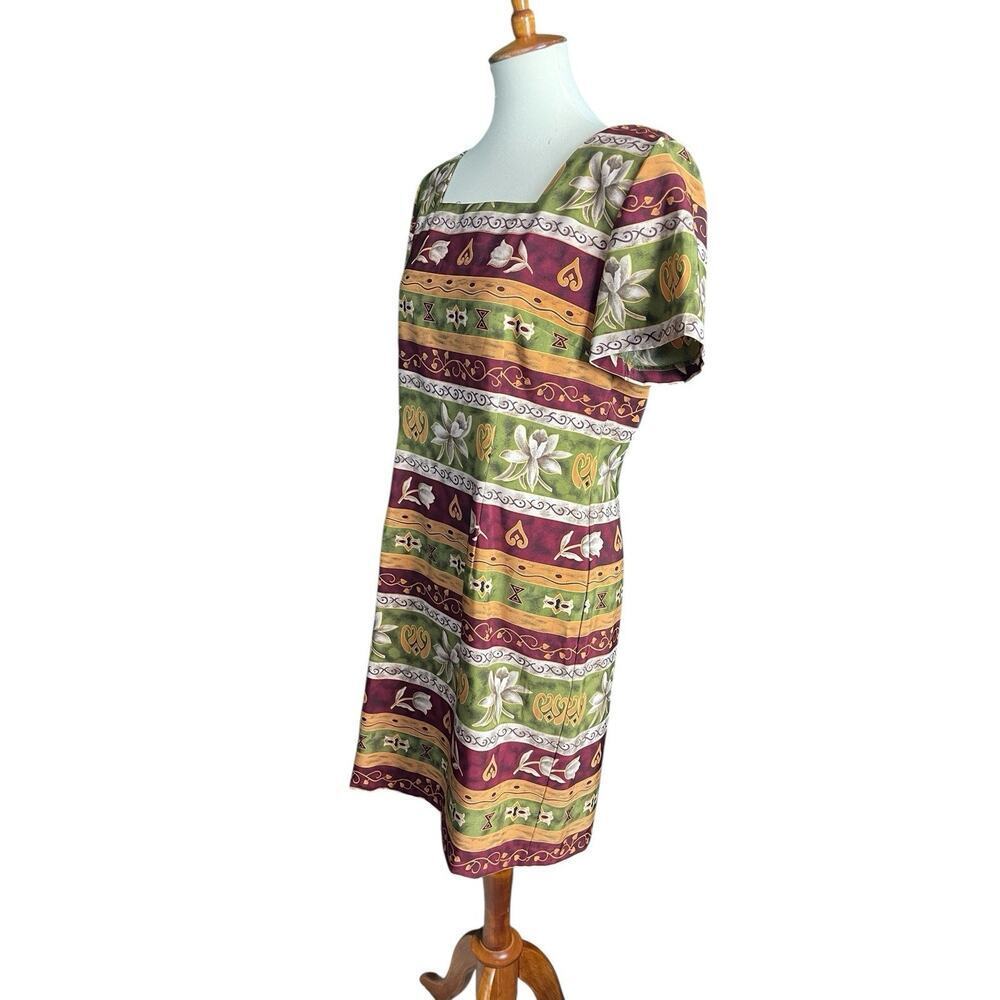 Vintage Sag Harbor Dress Women Size 12 Burgundy Green Yellow Square Neck Floral - Picture 5 of 6